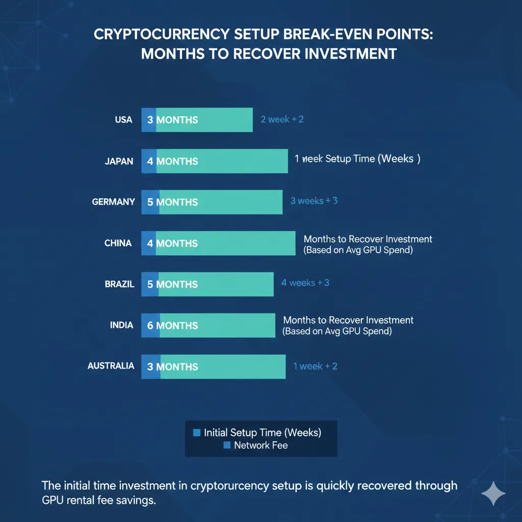 Horizontal comparison showing break-even points for cryptocurrency setup across different countries, displaying months to recover setup time investment based on typical GPU spending patterns