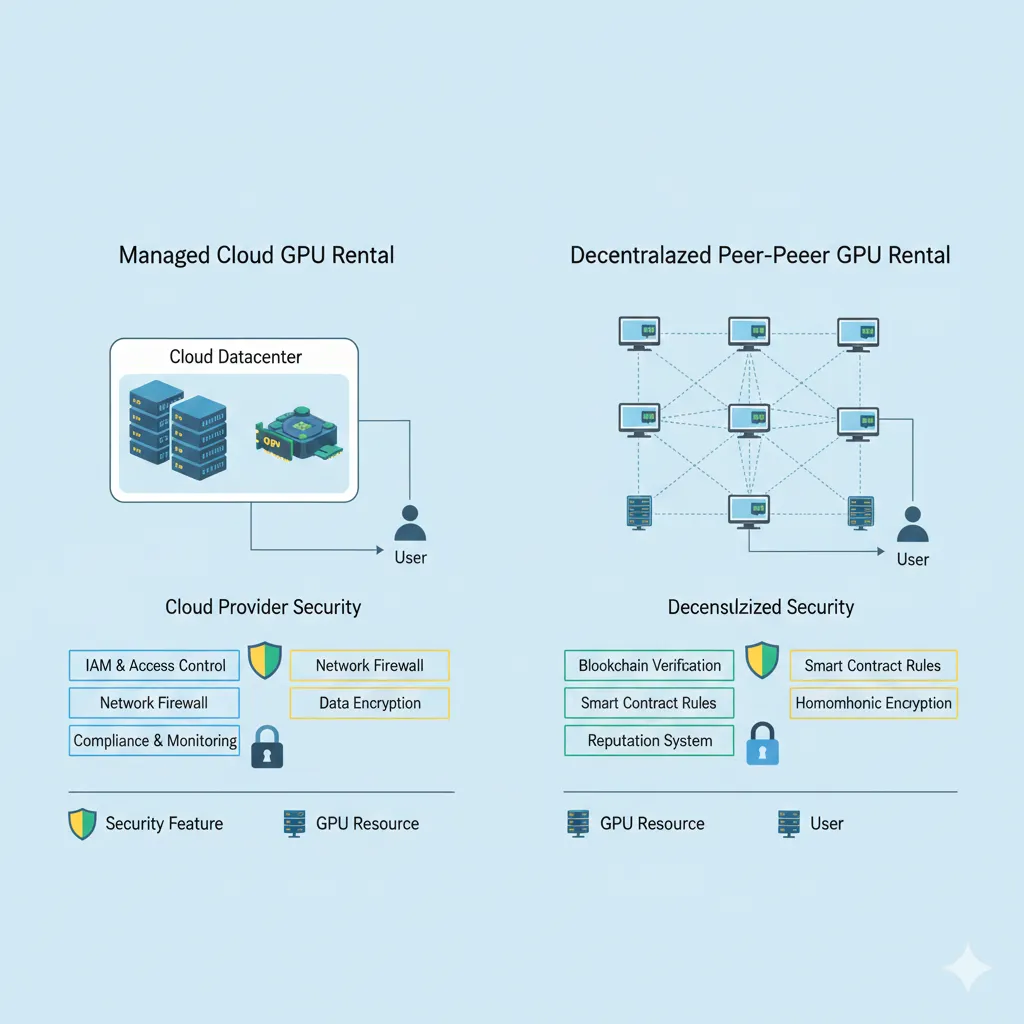 Security architecture diagram comparing managed cloud versus peer-to-peer GPU rental models showing datacenter infrastructure