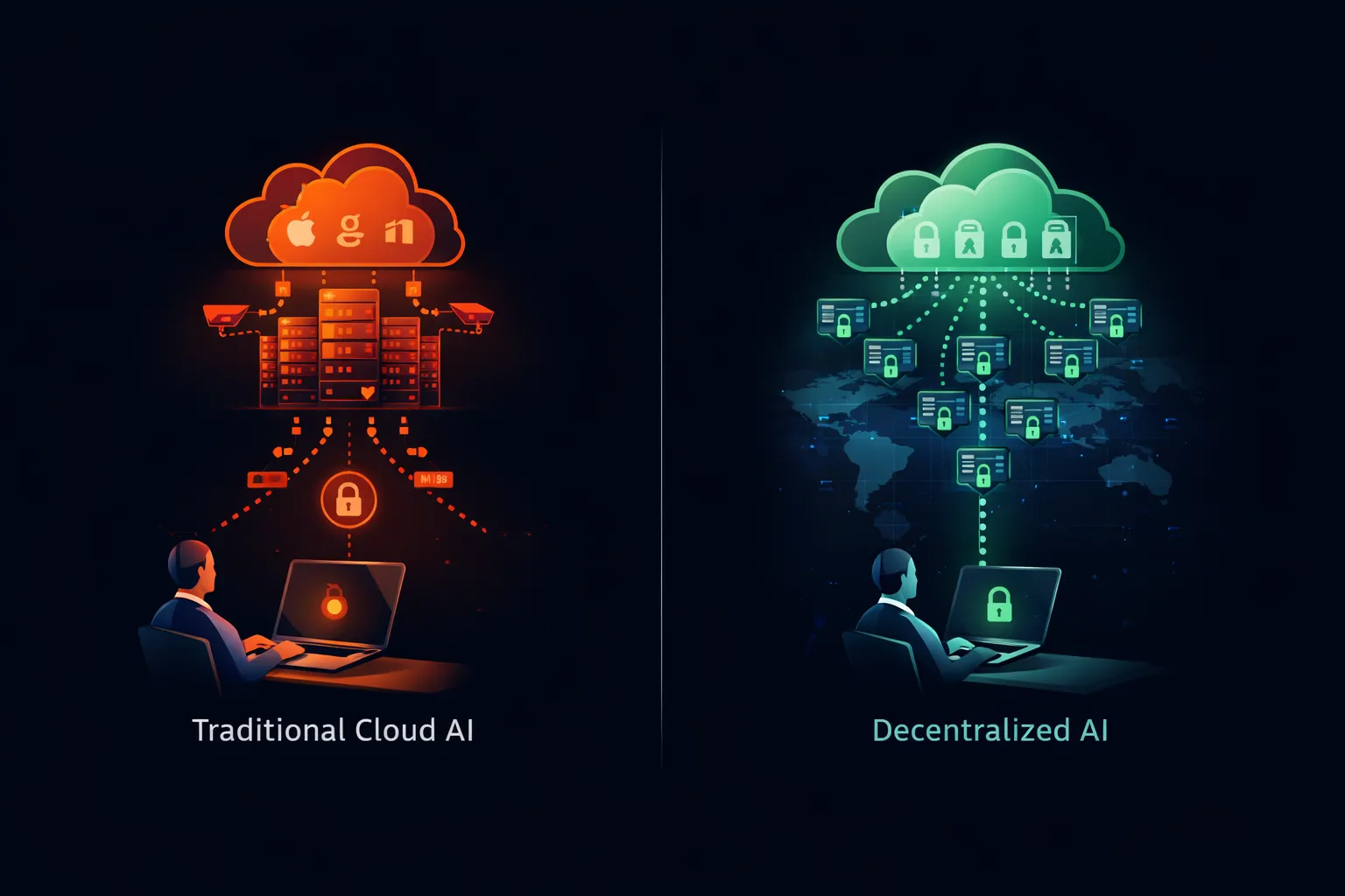 Split comparison showing traditional cloud AI architecture versus decentralized GPU deployment model