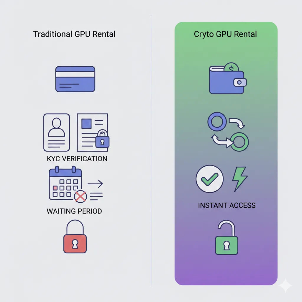Comparison of traditional GPU rental requiring credit cards and KYC verification versus cryptocurrency rental with wallet connection only 