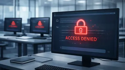 Corporate office environment with digital lock symbols overlaying computer screens representing AI access restrictions