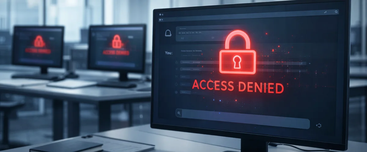 Corporate office environment with digital lock symbols overlaying computer screens representing AI access restrictions