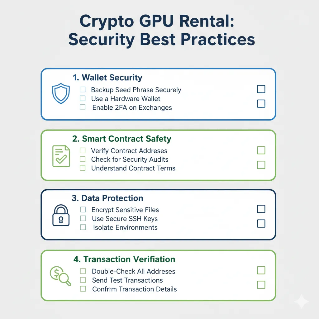 Security best practices checklist for renting GPUs with cryptocurrency including wallet protection and smart contract verification steps