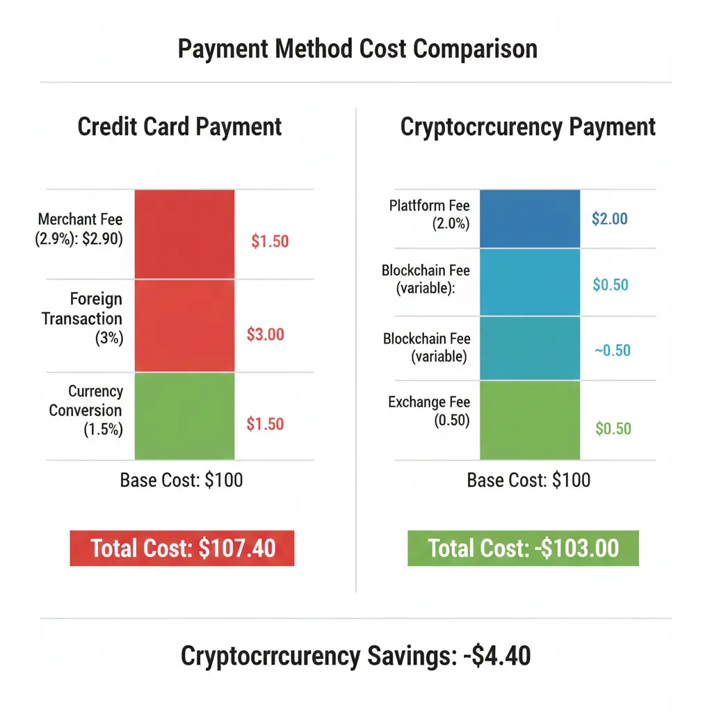 Detailed cost comparison showing all fees for GPU rental via credit card versus cryptocurrency payment methods