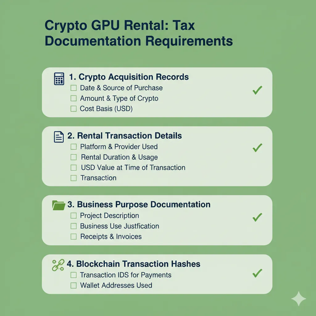 Tax documentation checklist for cryptocurrency GPU rental showing required records for IRS compliance and business expense deduction