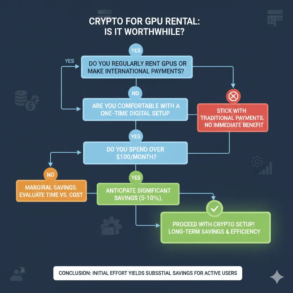 Decision flowchart helping users determine whether cryptocurrency GPU rental is worthwhile based on their country, expected spending volume, and current payment method costs, with clear yes/no decision points