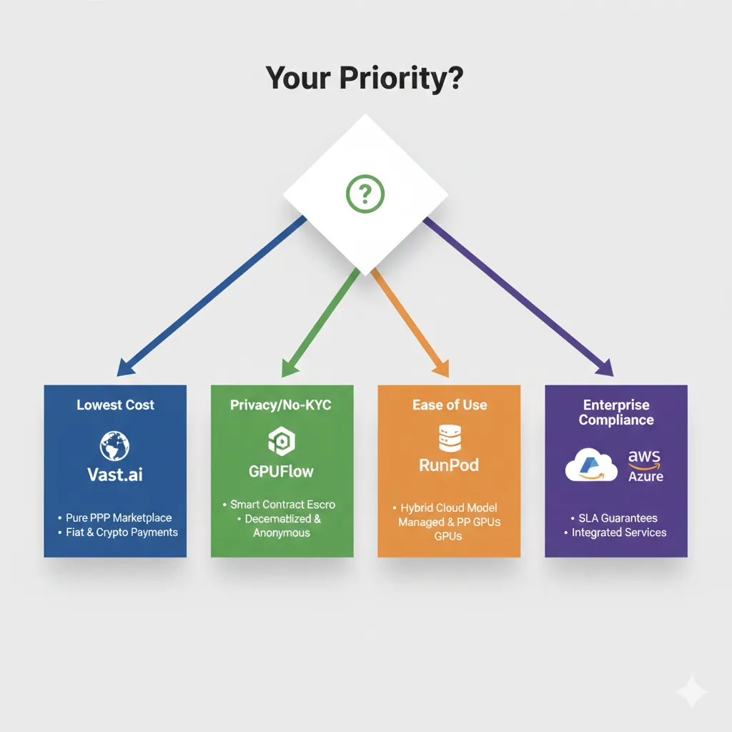 Alt text: Decision tree infographic helping users choose between GPUFlow, Vast.ai, RunPod, and traditional cloud providers based on priorities