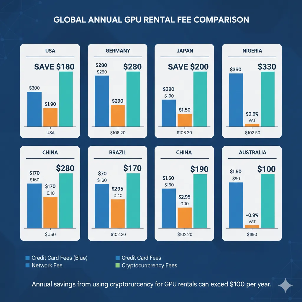 Bar chart comparing annual GPU rental fee costs across eight countries showing credit card fees versus cryptocurrency fees, with savings amounts displayed above each country pair