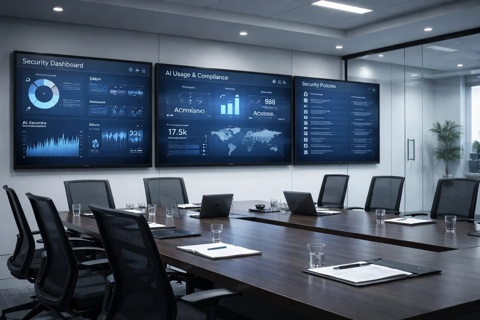 Corporate security team reviewing AI usage policies on multiple displays