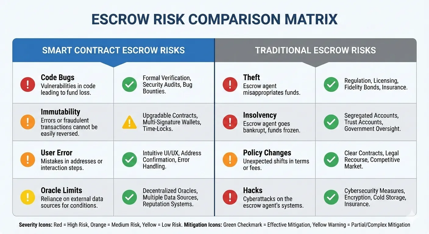Risk comparison matrix showing smart contract escrow risks (code bugs, immutability, user error, oracle limits) versus traditional escrow risks (theft, insolvency, policy changes, hacks), with severity and mitigation indicators for each