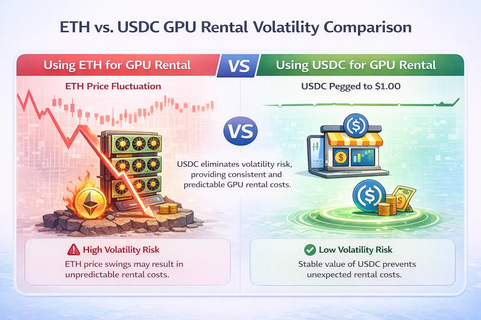 Side-by-side comparison showing GPU rental deposit in ETH with price volatility affecting final balance versus same deposit in USDC with stable final balance, illustrating $14 difference in remaining funds after identical GPU usage