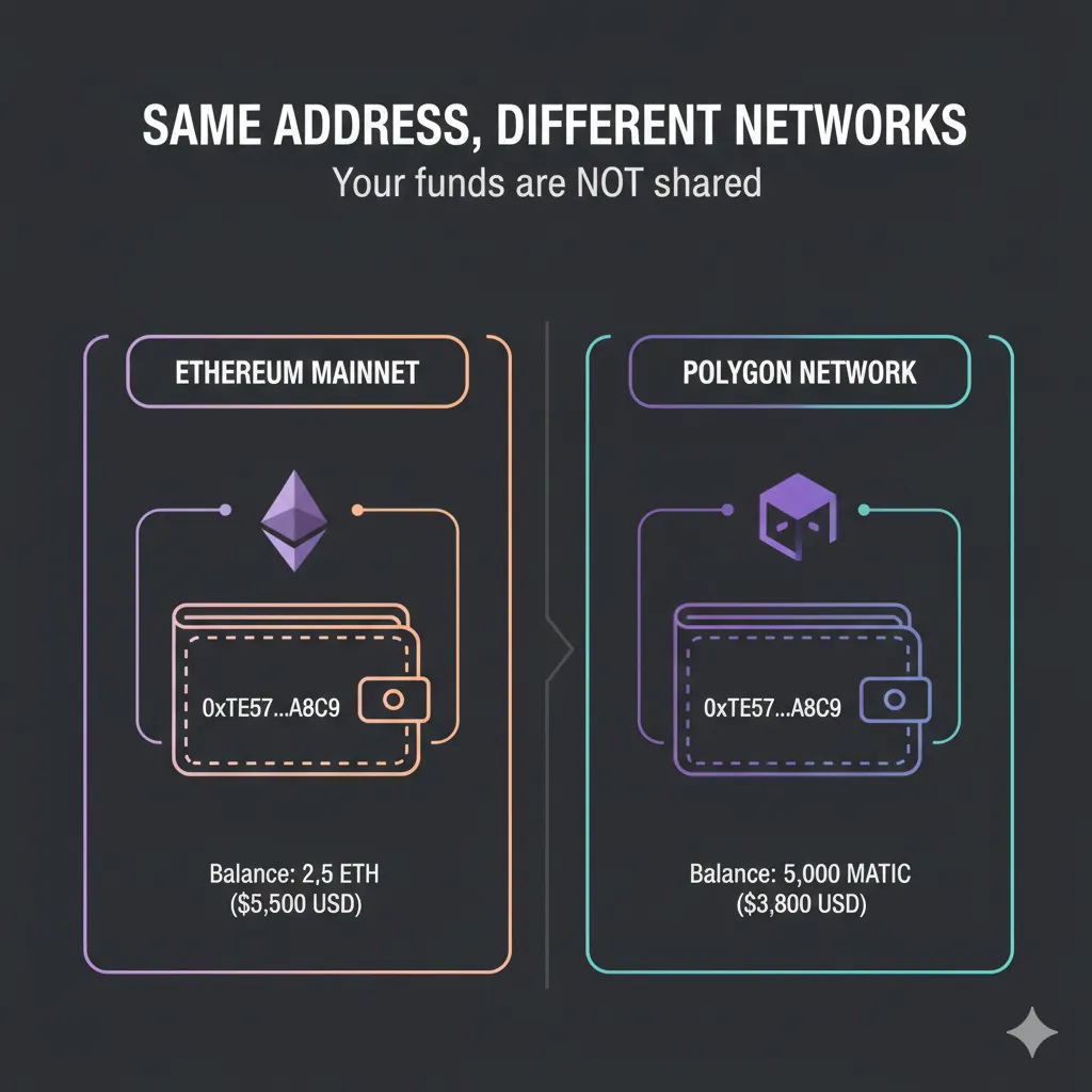 Comparison diagram showing identical wallet address existing on both Ethereum mainnet and Polygon network, with separate fund balances on each network, illustrating that same address does not mean funds are shared across networks