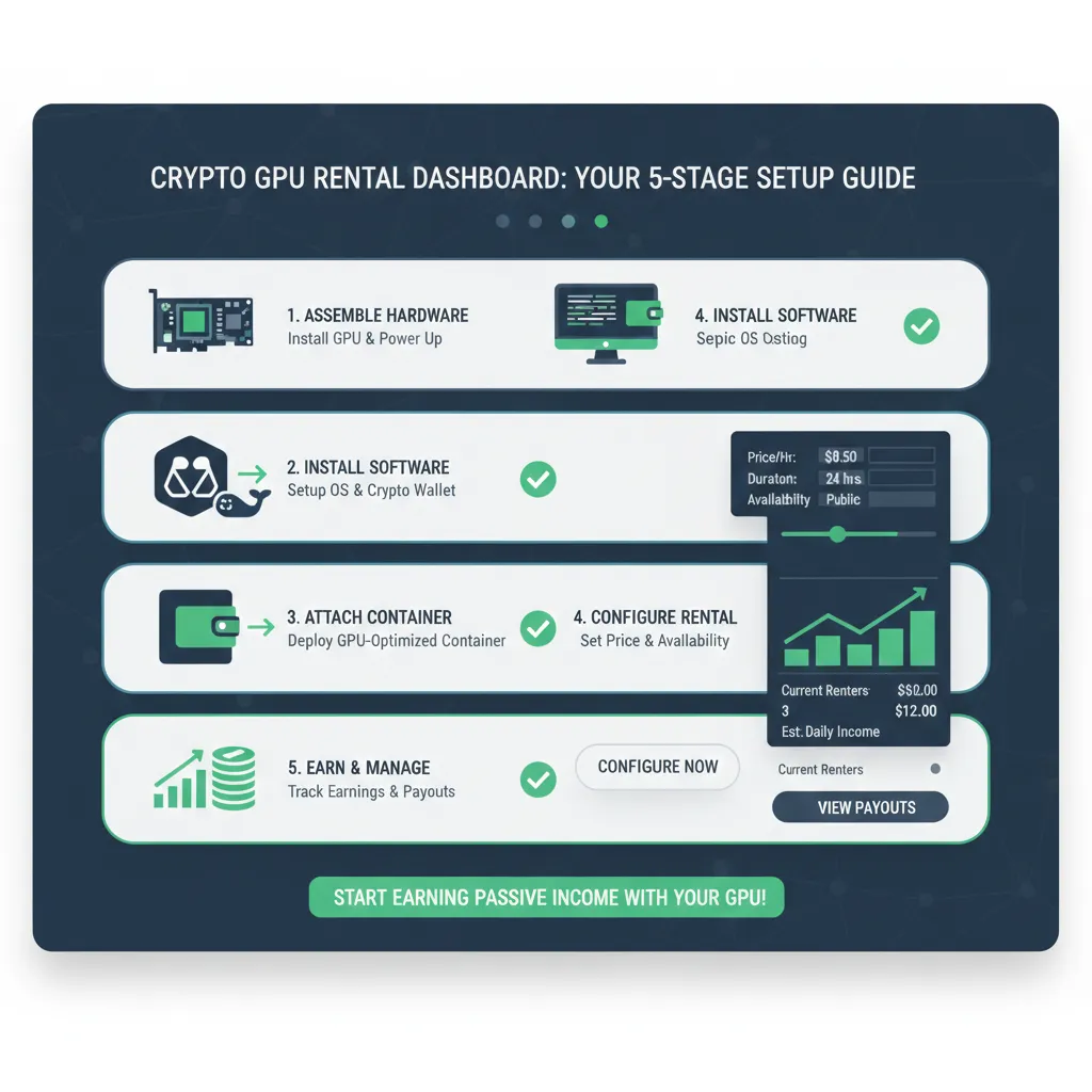 Step-by-step visual guide showing the five stages of cryptocurrency GPU rental setup: wallet creation, exchange purchase, network transfer, platform connection, and GPU rental, with icons and brief descriptions for each stage