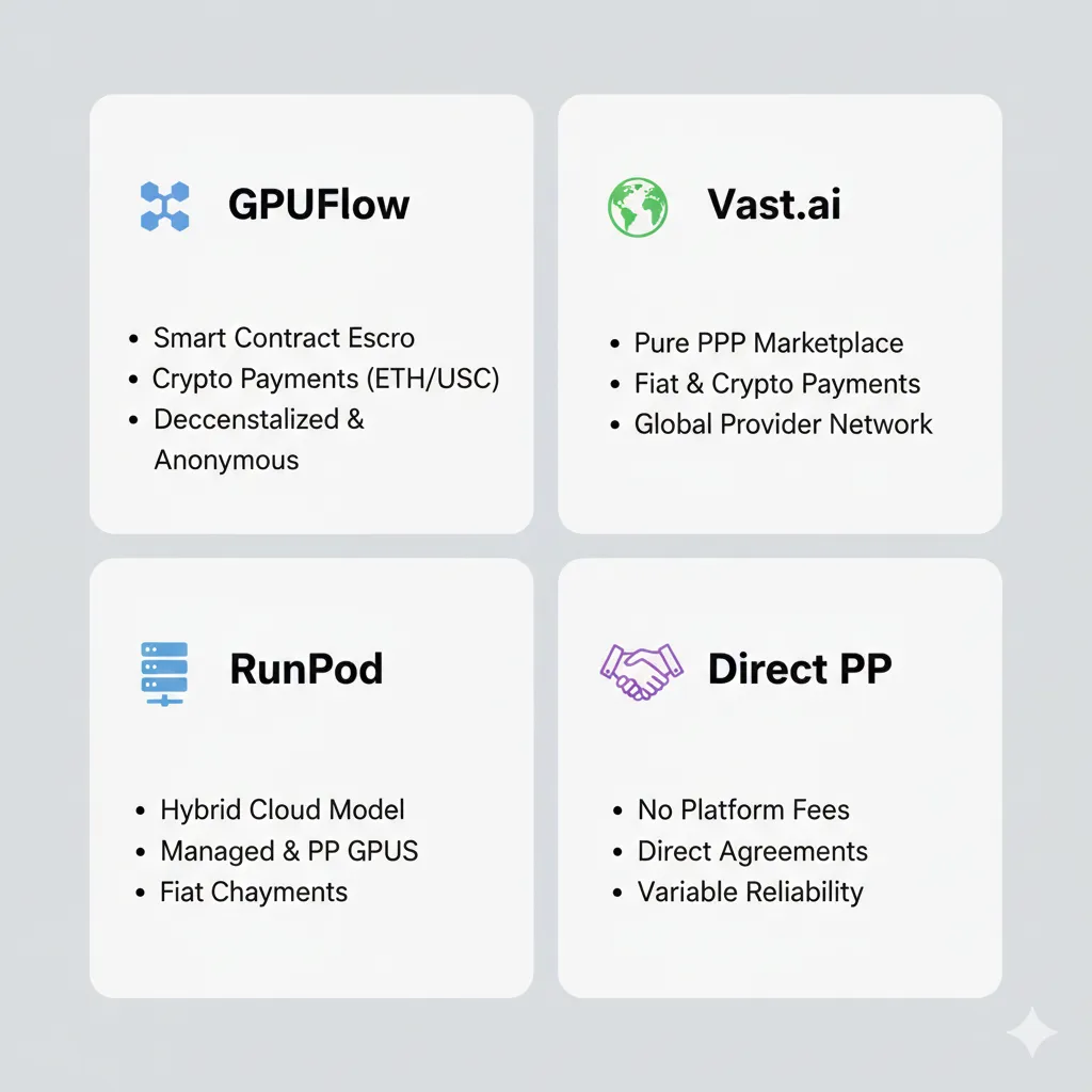Comparison grid of cryptocurrency-accepting GPU rental platforms showing GPUFlow, Vast.ai, RunPod, and P2P options