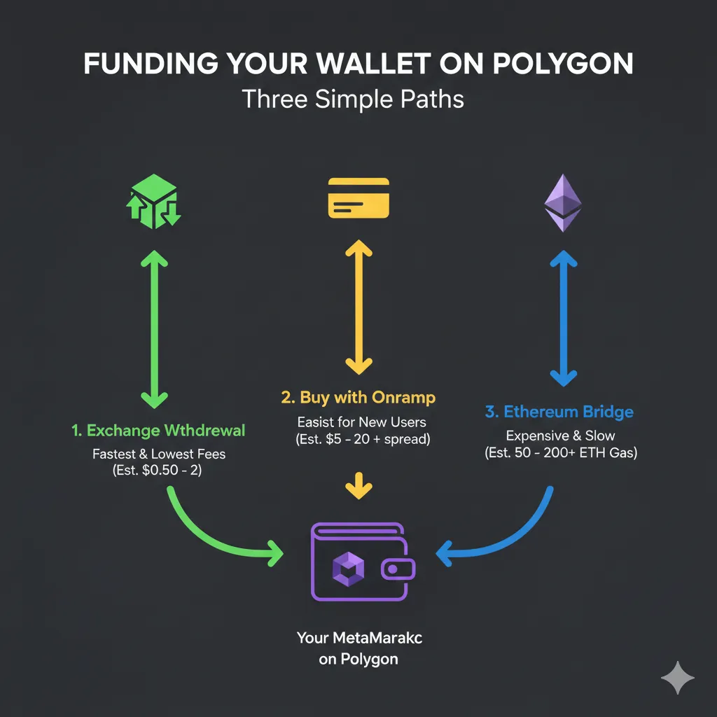 Flowchart showing three funding paths to MetaMask on Polygon: exchange withdrawal path with lowest fees, onramp purchase path for new users, and Ethereum bridge path marked as expensive option, with fee estimates for each path