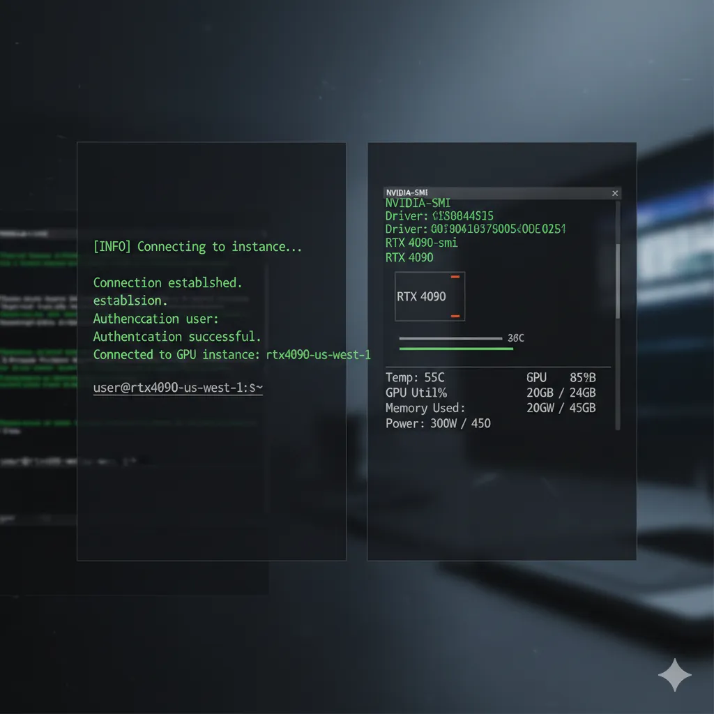 GPU rental terminal interface showing nvidia-smi command output with RTX 4090 specifications and memory usage