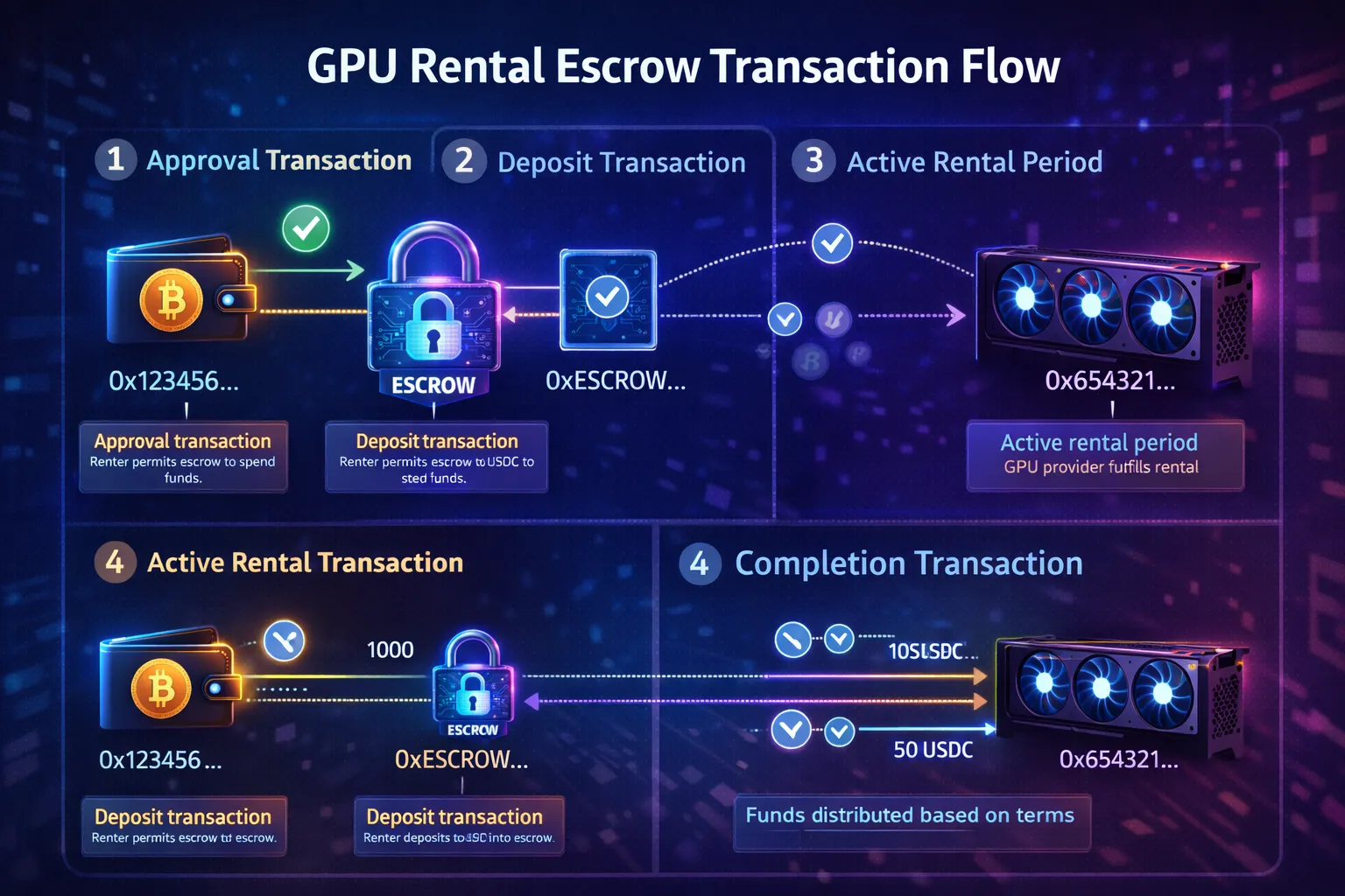 Step-by-step transaction flow diagram showing four phases of GPU rental escrow: approval transaction, deposit transaction, active rental period, and completion transaction with fund distribution, each phase showing wallet addresses and USDC movements