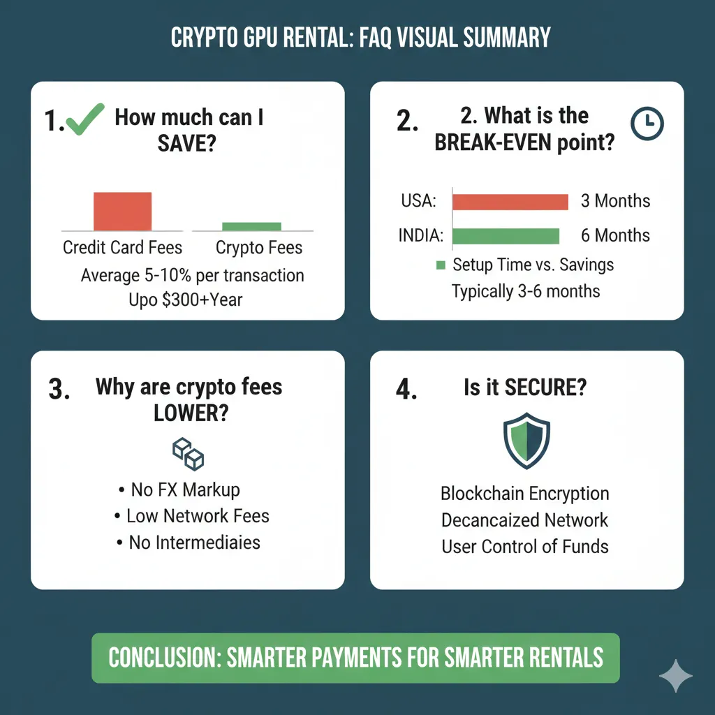 Résumé visuel de la FAQ montrant les dix questions les plus courantes sur les frais internationaux de location de GPU avec de brefs points forts de réponses et des icônes pour chaque sujet