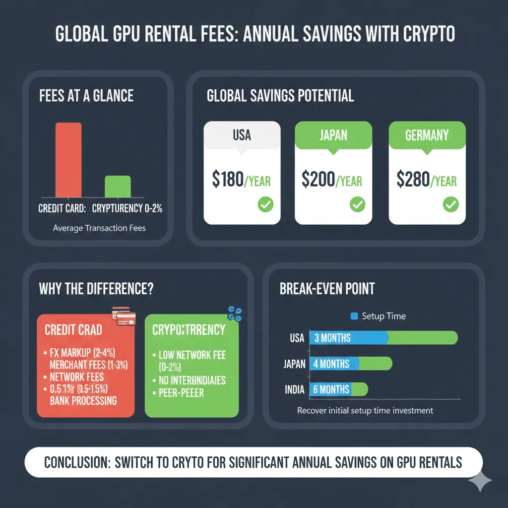 Summary infographic displaying key statistics from the article: fee ranges by country, annual savings potential, setup time investment, and recommended stablecoin/network combinations for GPU rental