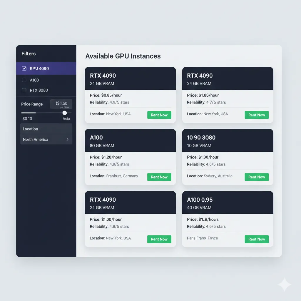 GPU rental marketplace interface showing available graphics cards with hourly pricing and provider ratings