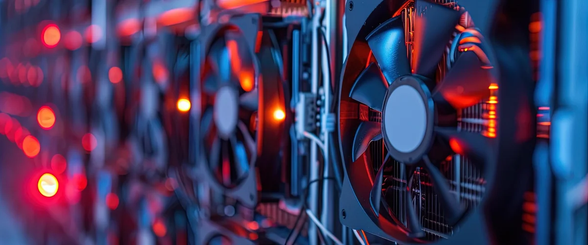 ラックに収まった GPU サーバーのファンのクローズアップ