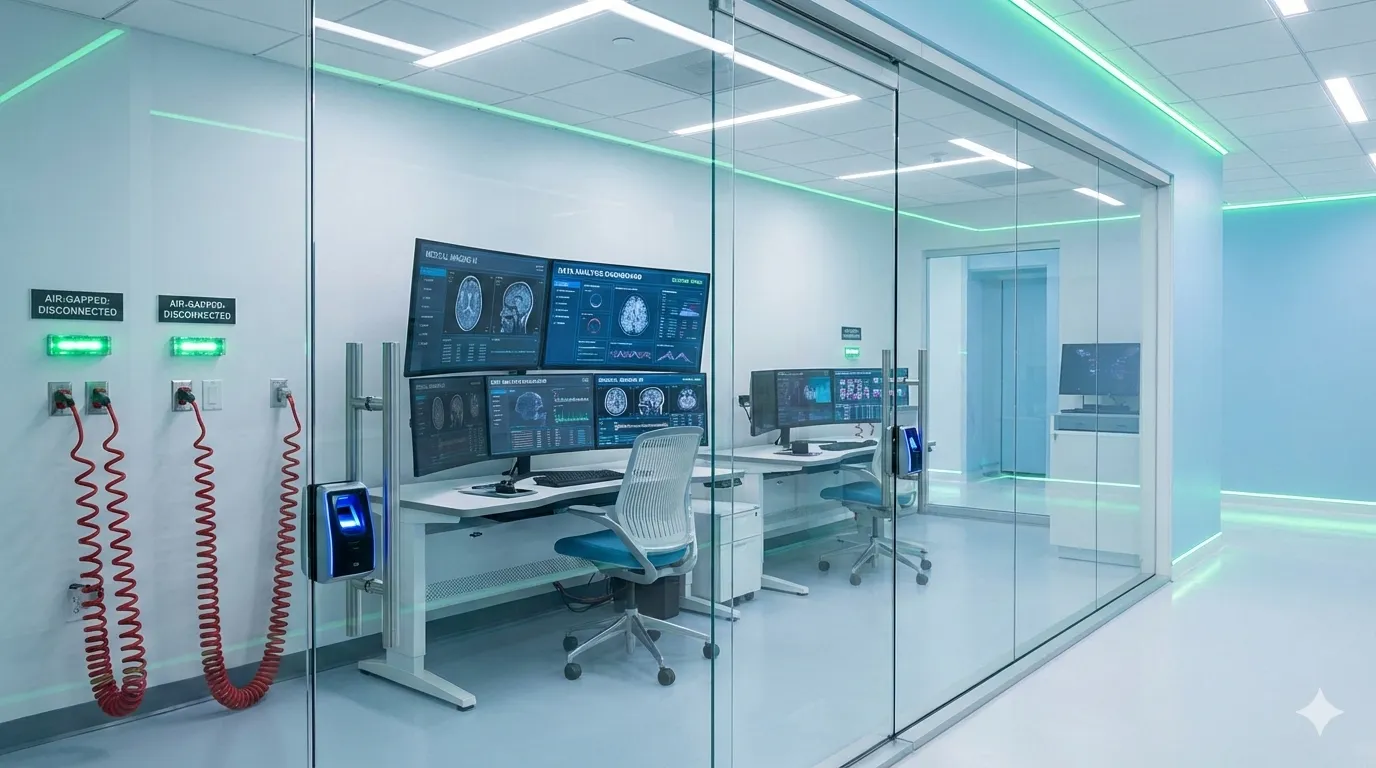 Medical research environment with secure workstations showing isolated AI deployment architecture