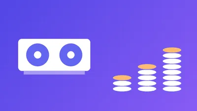 Illustration of a graphics card next to growing stacks of coins