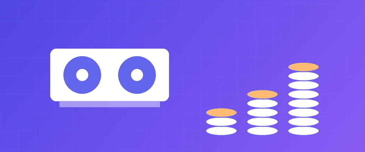 Illustration of a graphics card next to growing stacks of coins