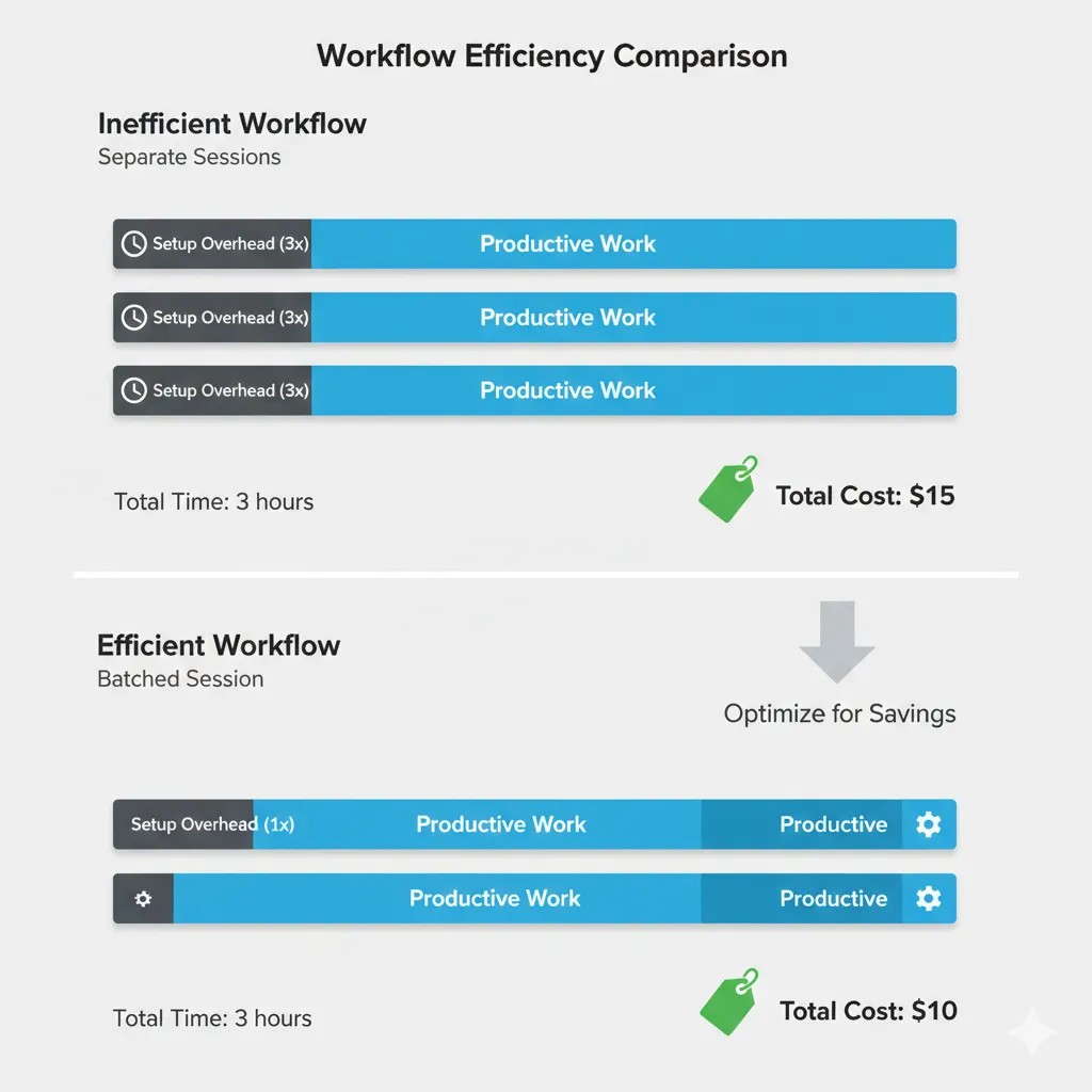Cost comparison infographic showing inefficient versus efficient GPU rental workflow strategies and potential savings