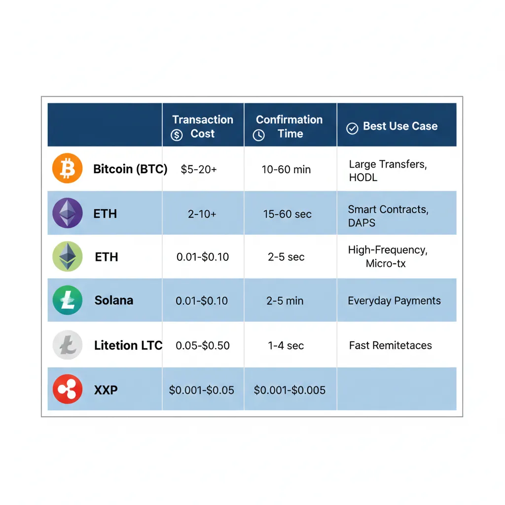 Alt text: Cryptocurrency comparison table showing transaction costs and confirmation times for ETH, BTC, USDC, SOL, and MATIC when renting GPUs
