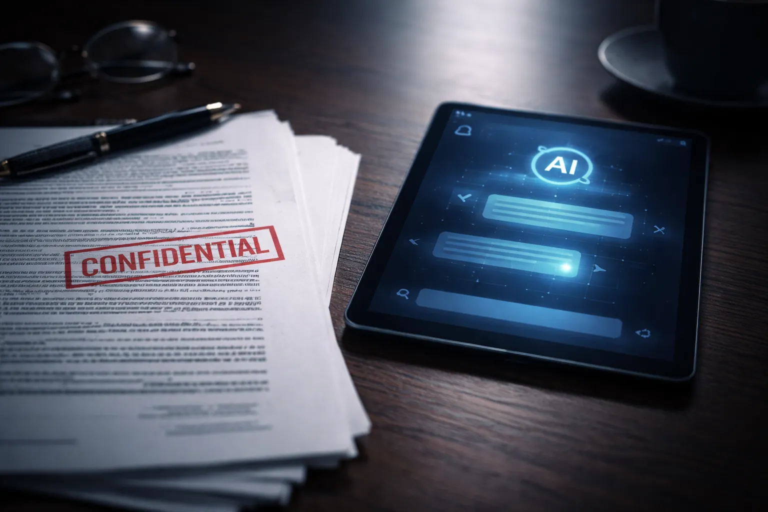 Legal document with confidentiality stamp alongside a glowing AI interface representing intellectual property risks