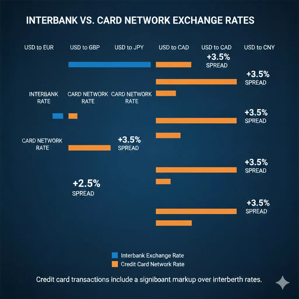 Comparison chart showing interbank exchange rates versus credit card network rates for six currencies, with spread percentages highlighted