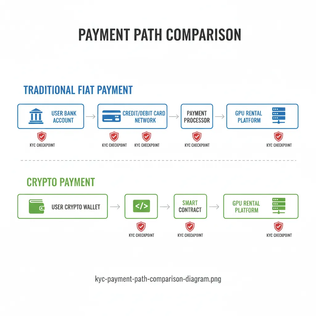 은행, 카드 네트워크, 결제 처리업체, 플랫폼을 거치며 각 단계마다 KYC 검문소가 있는 전통적인 결제 경로와 지갑에서 스마트 컨트랙트, GPU로 직접 흐르며 검문소가 없는 암호화폐 경로를 비교하는 다이어그램