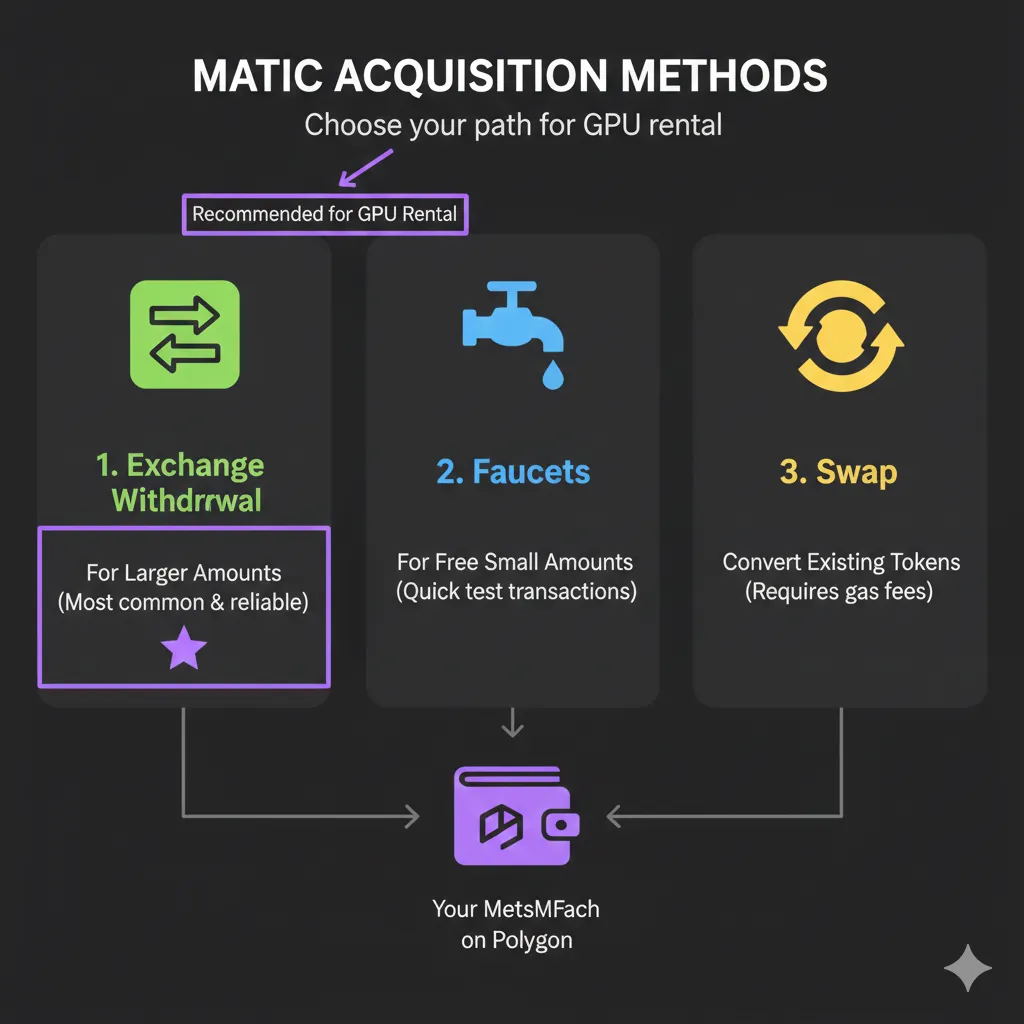 Comparison showing MATIC acquisition methods: exchange withdrawal for larger amounts, faucets for free small amounts, and swap for converting existing tokens, with recommended approach highlighted for new GPU rental users