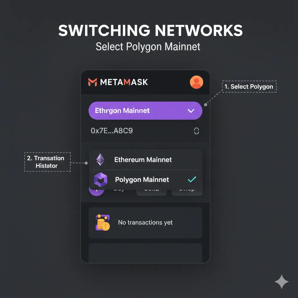 MetaMask network selector dropdown showing both Ethereum Mainnet and Polygon Mainnet options, with Polygon selected and highlighted, demonstrating how to switch between networks