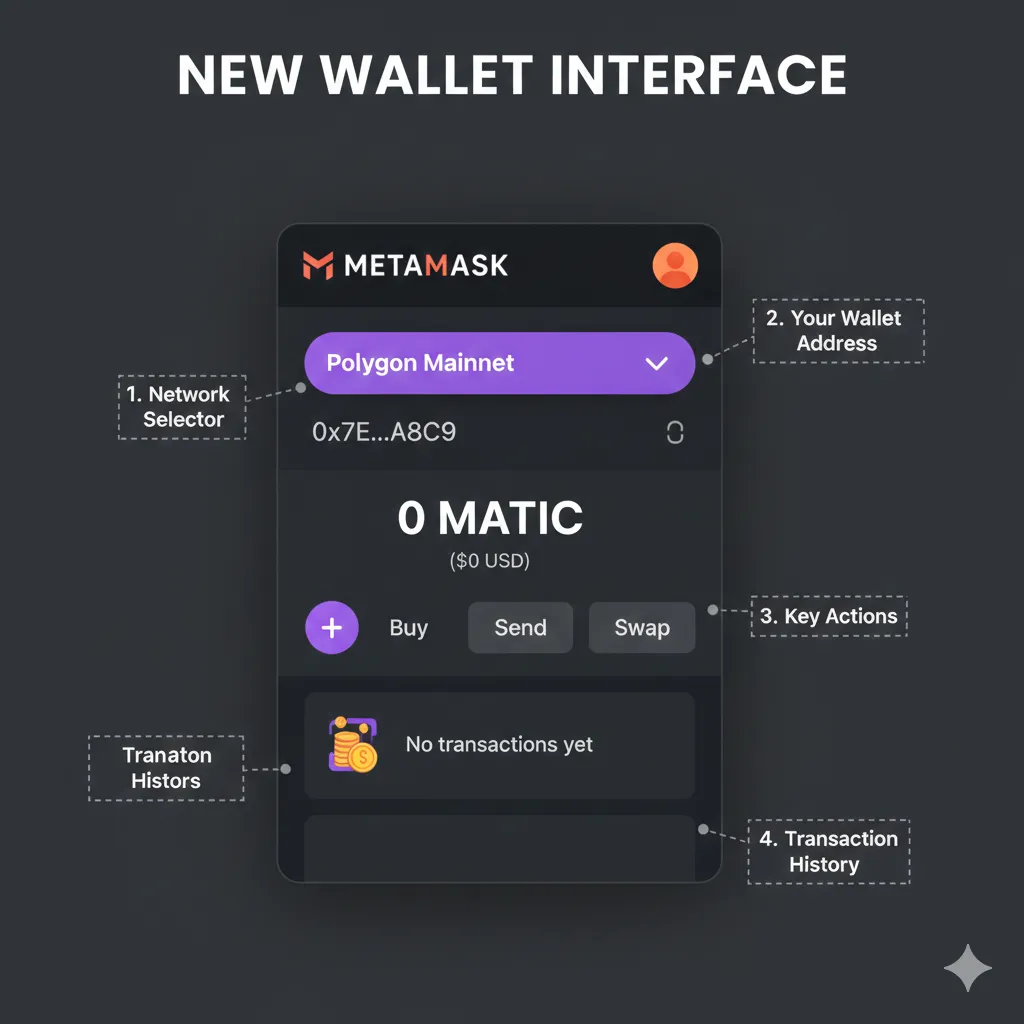 MetaMask wallet interface showing new wallet with zero balance, highlighting wallet address location, network selector, and key interface elements for new users