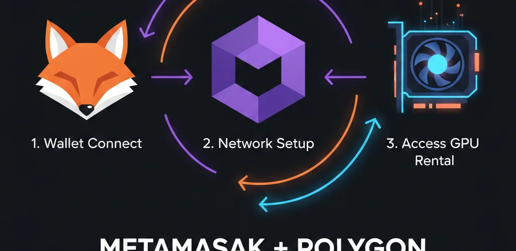 MetaMask fox logo next to Polygon purple logo with GPU graphics card icon, showing wallet-to-GPU connection flow with setup steps indicated