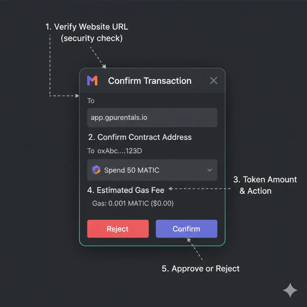 Annotated MetaMask transaction approval popup showing key elements to verify: website URL, contract address, token amount, gas fee, and approve/reject buttons with explanatory labels for each element