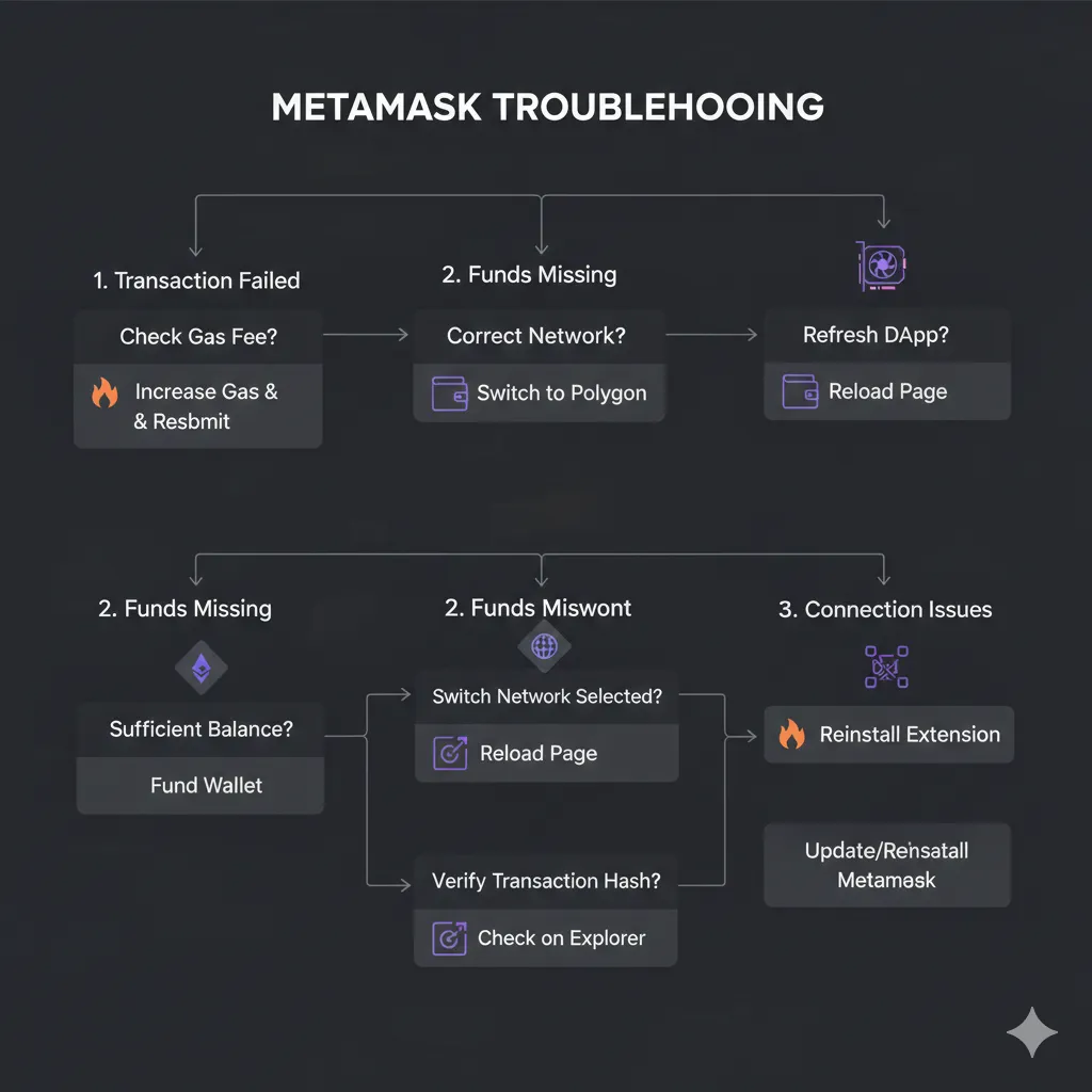 Troubleshooting decision flowchart showing common MetaMask issues with branching paths: transaction failed leads to gas check then balance check, funds missing leads to network check then transaction verification, connection issues leads to refresh then extension check, with solutions at each endpoint