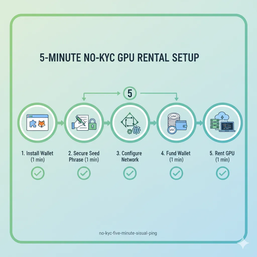 Step-by-step visual guide showing five stages of no-KYC GPU rental: wallet installation with browser extension icon, seed phrase backup with paper and pen icon, network configuration with Polygon logo, funding with USDC coin icon, and GPU rental with server icon, connected by arrows showing 5-minute total timeline