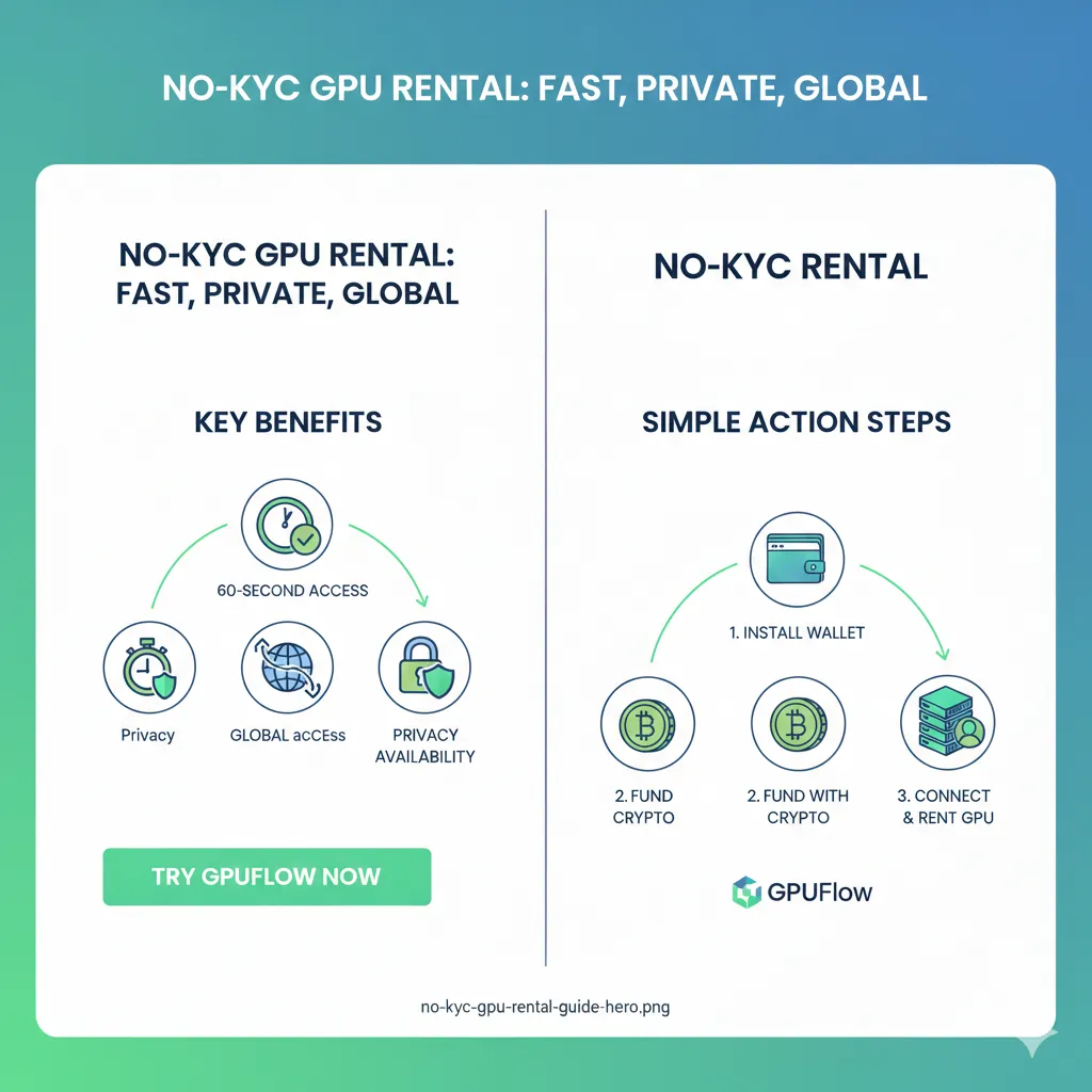 세 가지 주요 무(無) KYC GPU 임대 혜택(60초 접근, 글로벌 가용성, 프라이버시 보호)과 세 가지 실행 단계(지갑 설치, 암호화폐 자금 조달, 연결 및 임대)를 GPUFlow 로고 및 클릭 유도 문구와 함께 보여주는 요약 인포그래픽