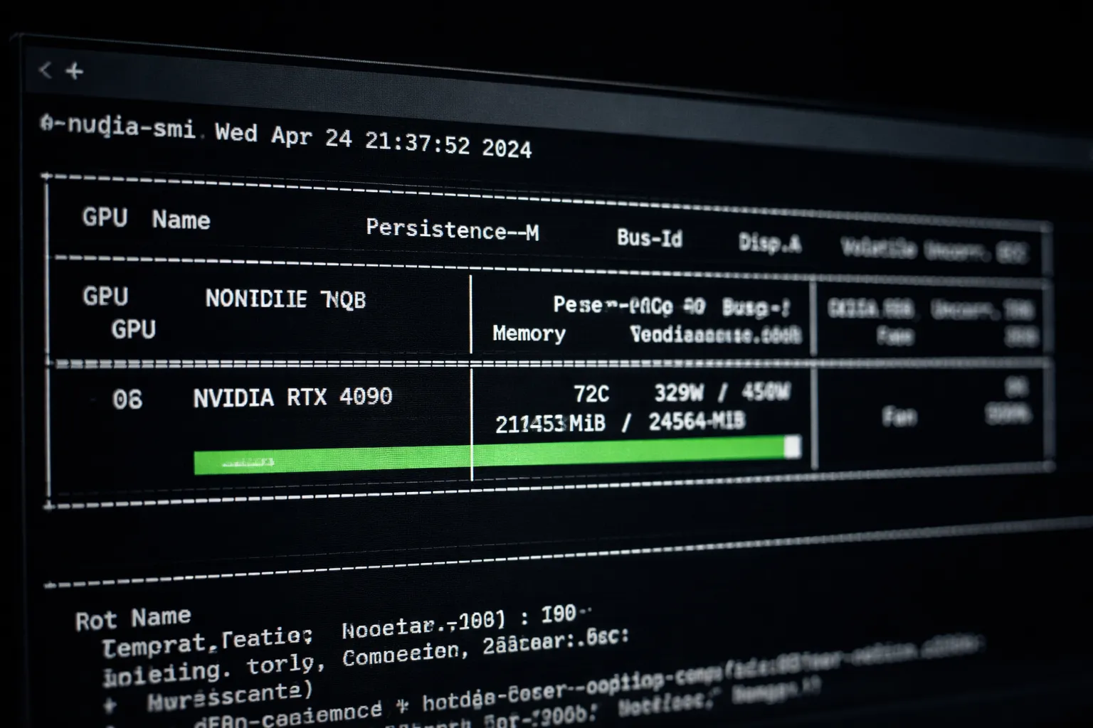 Terminal displaying nvidia-smi output with GPU memory usage and temperature statistics