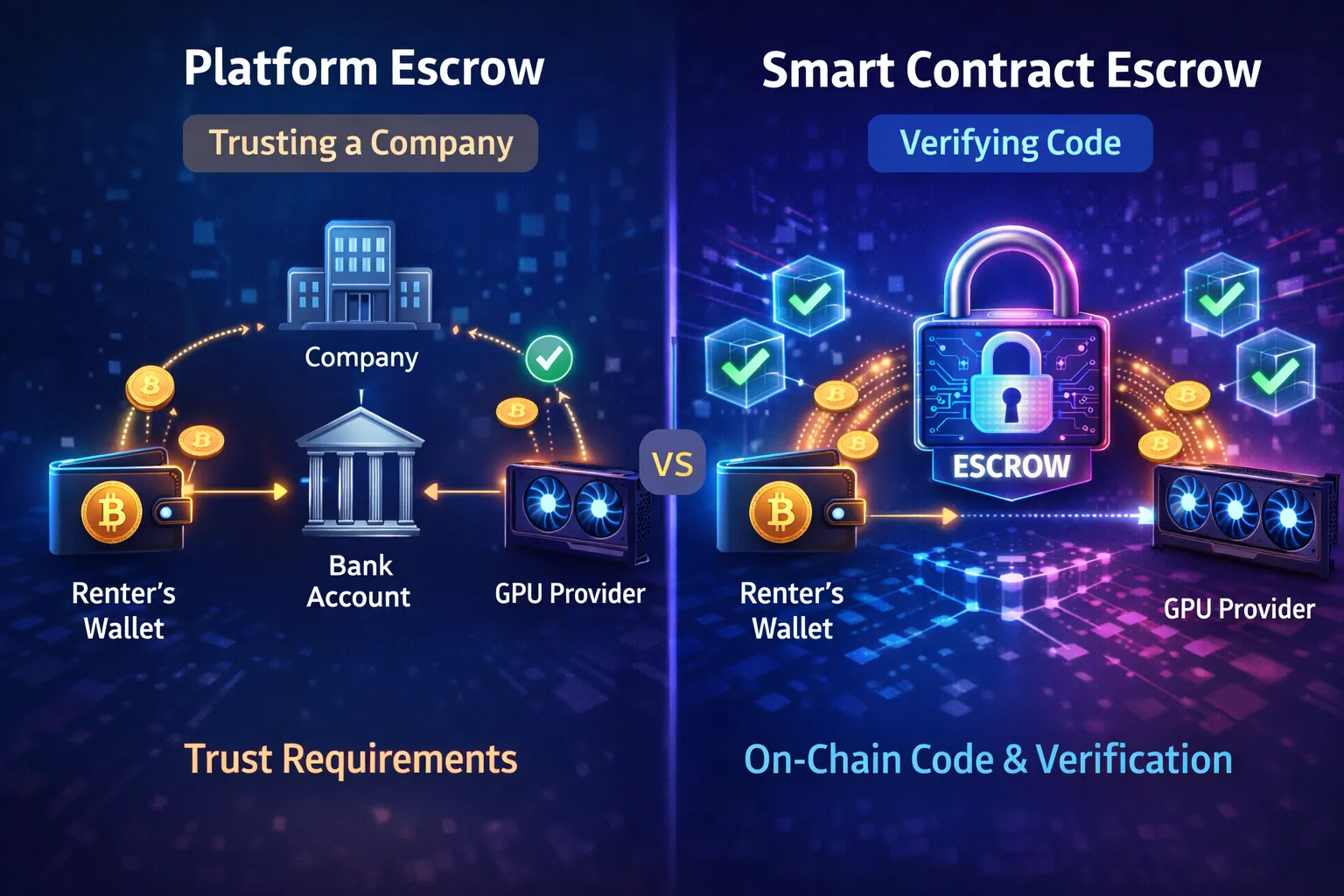 Side-by-side comparison diagram showing platform-held escrow flow through company bank account with trust requirements versus smart contract escrow flow through on-chain code with verification capabilities, highlighting key difference between trusting company versus verifying code