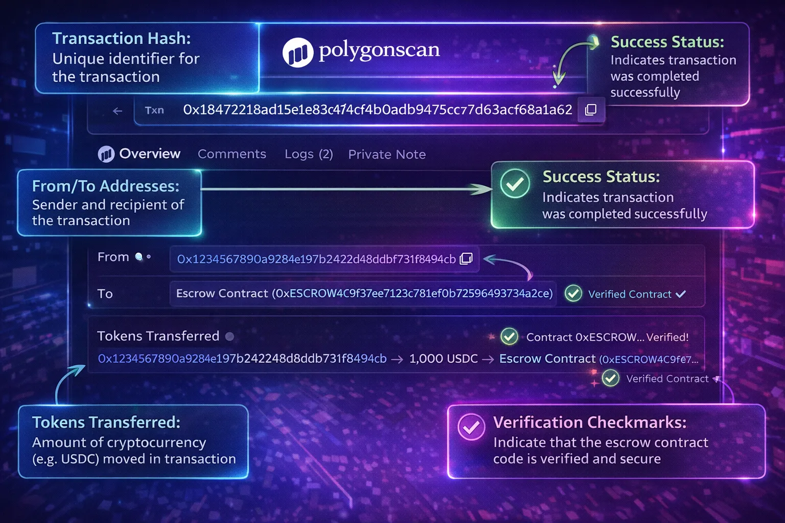 Annotated Polygonscan screenshot showing key elements of an escrow deposit transaction: transaction hash, success status, from/to addresses, tokens transferred amount, and verification checkmarks with explanatory labels