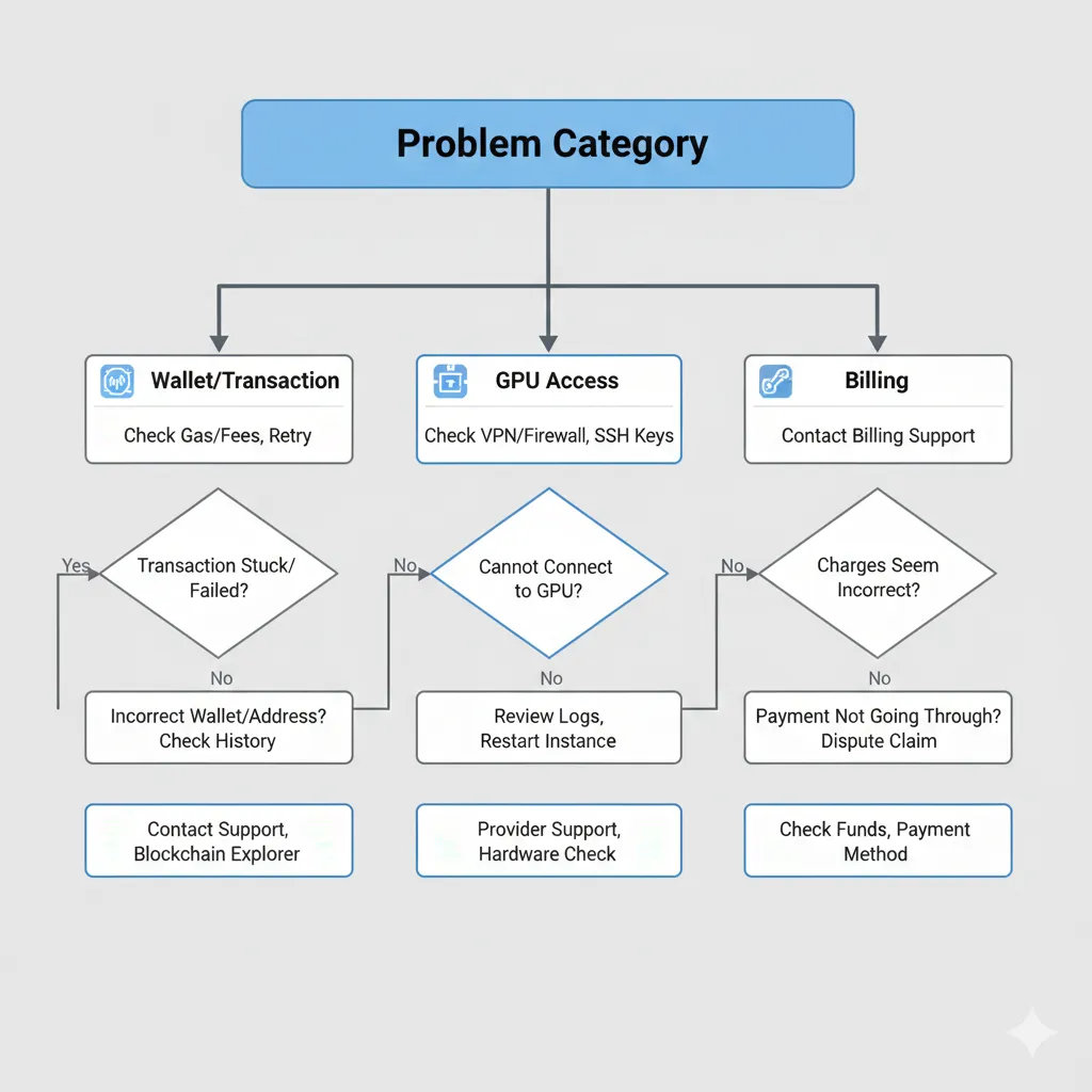 Troubleshooting flowchart for cryptocurrency GPU rental issues including wallet connection, transaction problems, and GPU access errors
