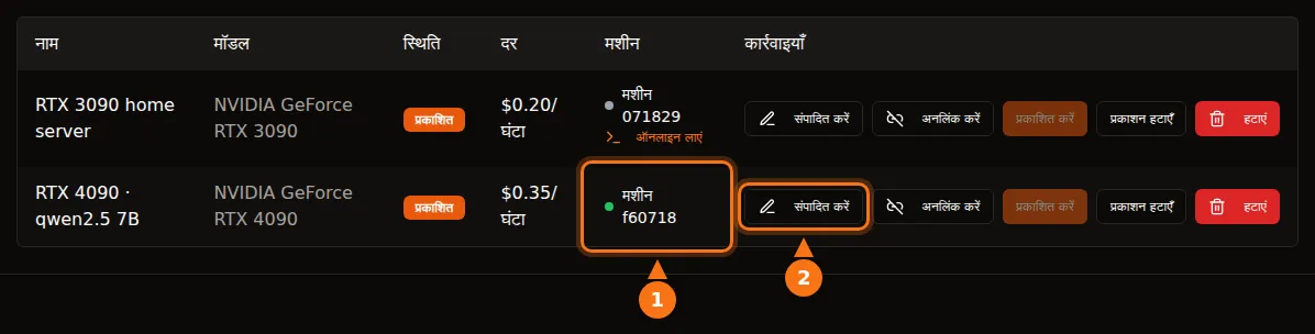 GPUFlow की मेरे जीपीयू टेबल, जिसमें दो लिस्टिंग हैं, हर एक के साथ उसकी मशीन, रेट और संपादित करने, अनलिंक करने, प्रकाशित करने, प्रकाशन हटाने और मिटाने के बटन