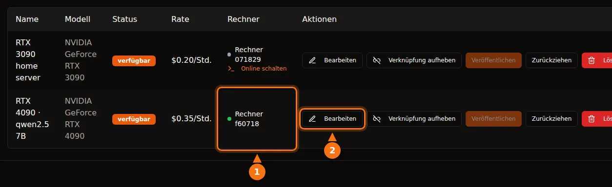 Die GPUFlow-Tabelle Meine GPUs mit zwei Angeboten, jeweils mit Rechner, Preis und den Schaltflächen Bearbeiten, Trennen, Veröffentlichen, Zurückziehen und Löschen