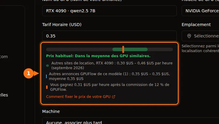 La barre de prix du formulaire d'annonce GPUFlow, avec un prix habituel pour une RTX 4090 et les gains après commission