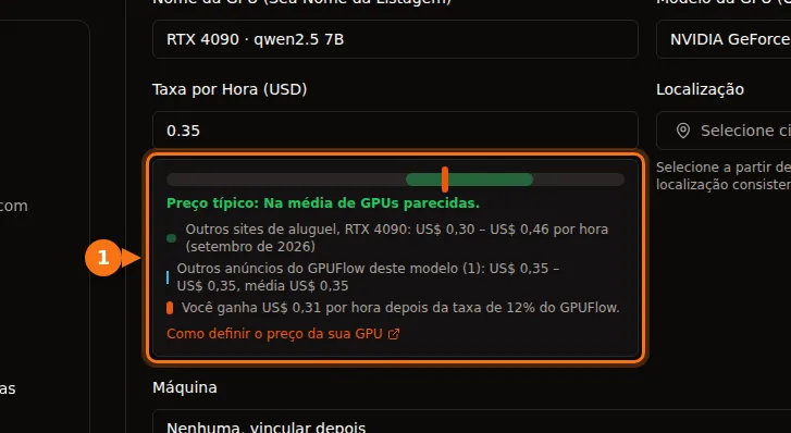 A barra de preço no formulário de anúncio do GPUFlow, mostrando um preço típico para uma RTX 4090 e o ganho depois da taxa