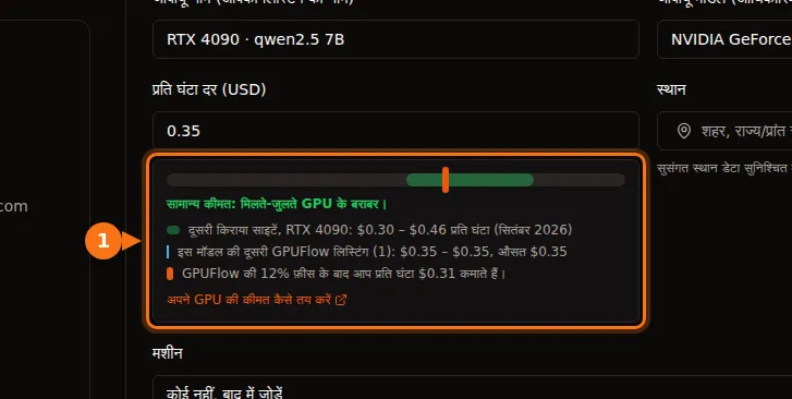 GPUFlow लिस्टिंग फ़ॉर्म की कीमत वाली पट्टी, जो RTX 4090 की आम कीमत और शुल्क के बाद की कमाई दिखाती है